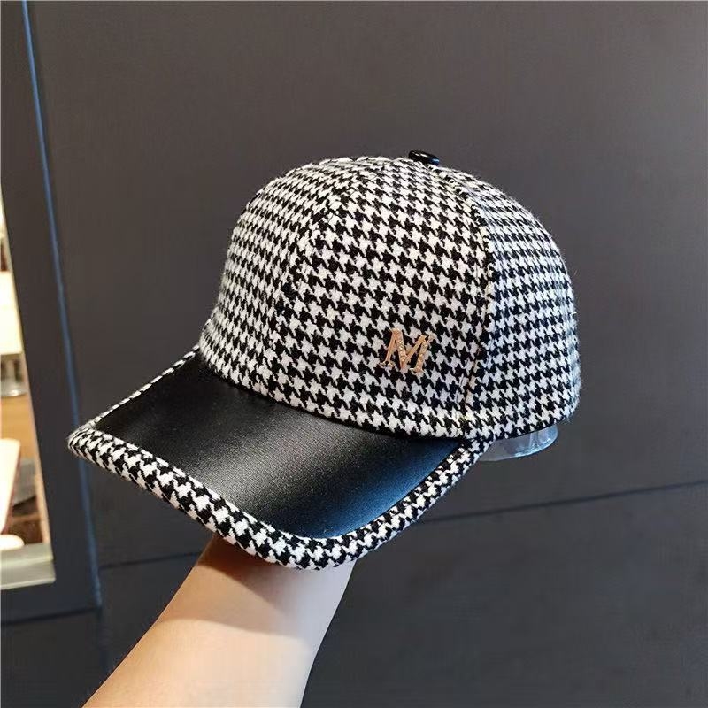 秋冬季毛呢保暖英伦千鸟格休闲百搭鸭舌帽子女棒球帽新款格子