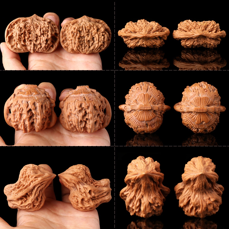 京八棱文玩野生指尖核桃把玩麒麟纹官帽矮桩异形小手捻鹰嘴手把件