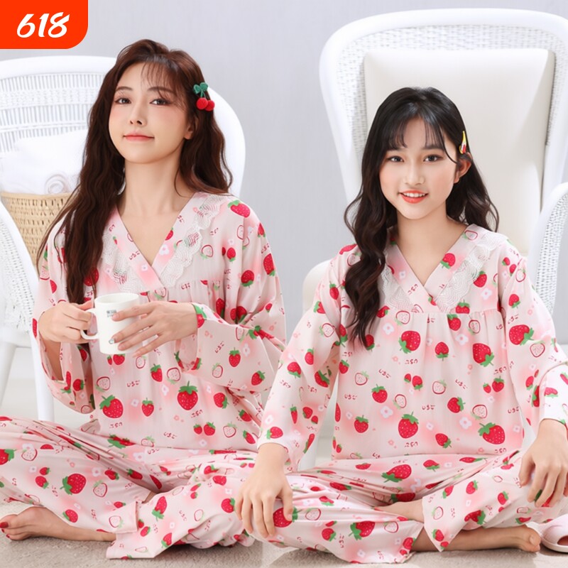 亲子装女童棉绸儿童睡衣套装夏季透气薄款绵绸母女可爱蕾丝家居服