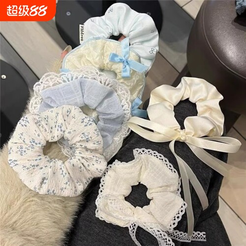 甜韩系波点大肠发圈头绳蕾带蝴蝶结花边发绳少女发饰褶皱蓝色系