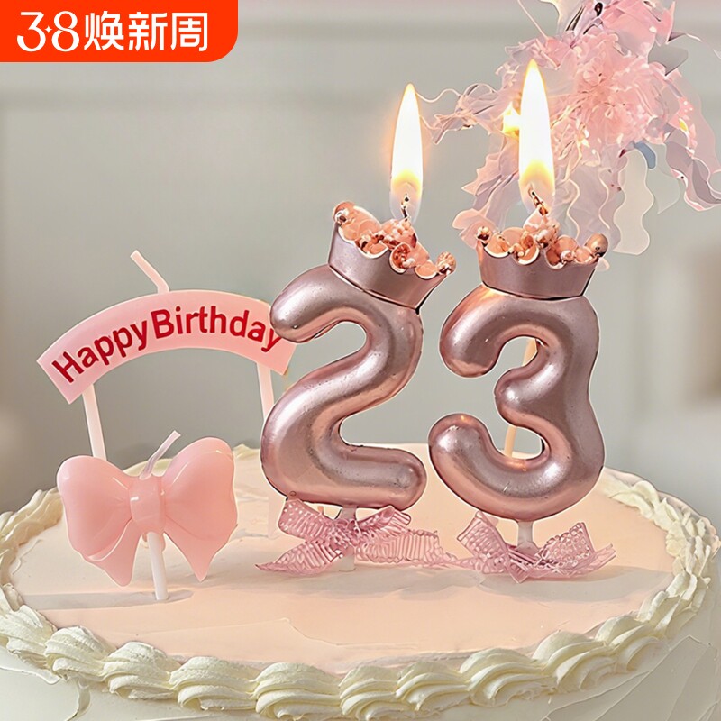 粉色生日蜡烛数字创意场景布置装饰蛋糕插件小女孩高级氛围感道具
