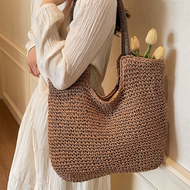 新款大容量草编包包女百搭编织包简约沙滩包托特包单肩手提草包