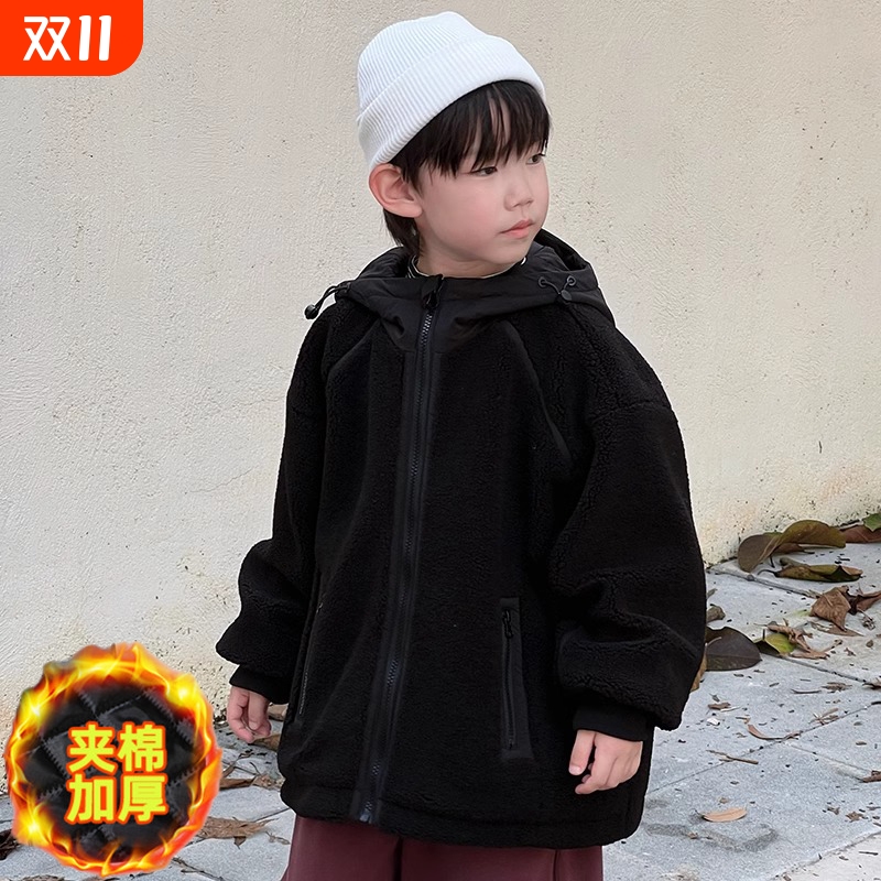 男童冬装加绒外套2025新款中大儿童秋冬款夹棉加厚羊羔绒毛毛衣潮