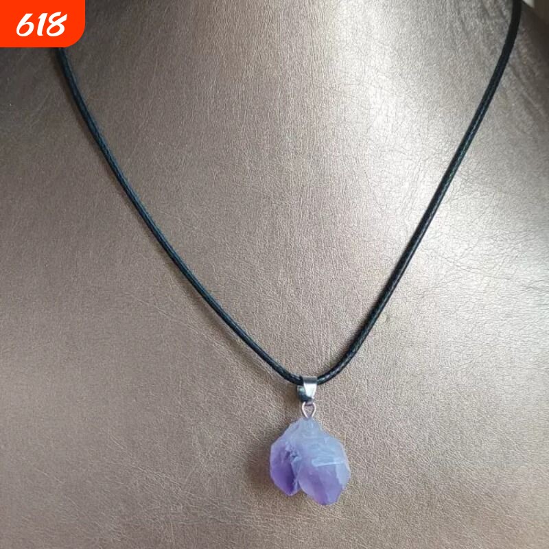 天然紫水晶原石吊坠项链 女 紫晶簇锁骨链 皮绳短链 贵气 简约百