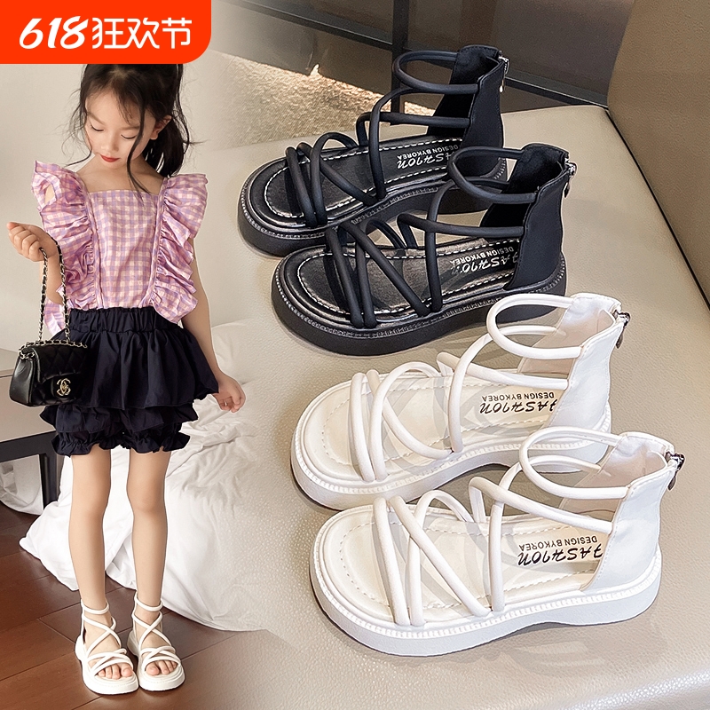 女童凉鞋2025夏季新款时尚百搭交叉带儿童沙滩鞋中大童高帮罗马鞋