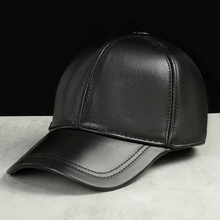 时尚男女中老年真皮棒球帽牛皮皮帽鸭舌帽子软顶帽秋季皮革黑色