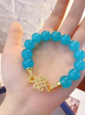 新中式天蓝色显白蓝色散珠满钻中国结扣子手串混搭手链