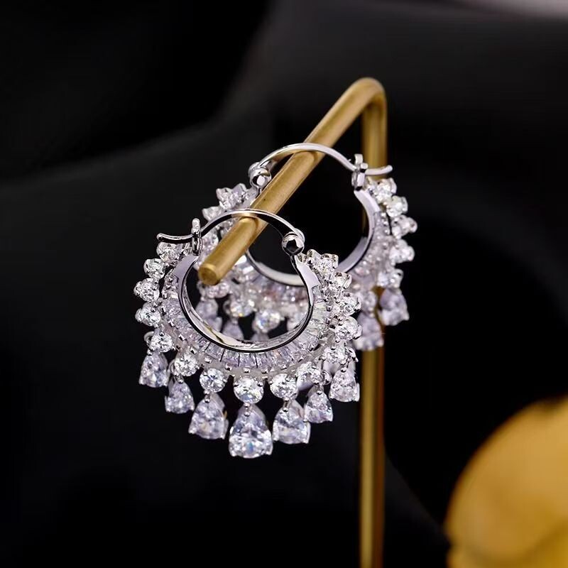 欧美奢华大气闪亮圆圈流苏锆石耳环百搭气质仙女耳坠时尚简约耳饰