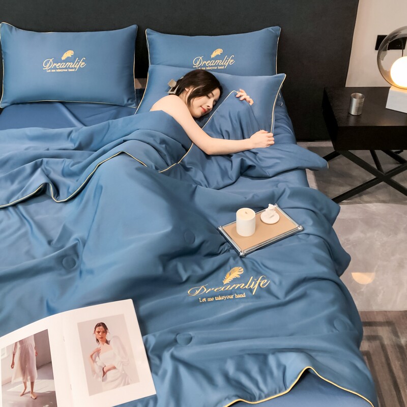 夏季天丝夏凉被四件套家用冰丝夏被可机洗空调被薄被子床单抗菌