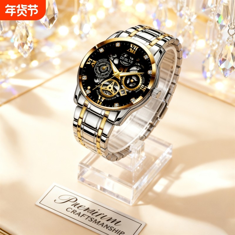 男款商务防水石英腕表镂空男士手表男正品名牌全自动非机械表钢带