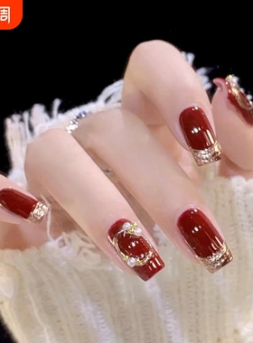 2026马穿戴甲过年美甲中长款红色高级感秋冬指甲贴片法式中款蝴蝶