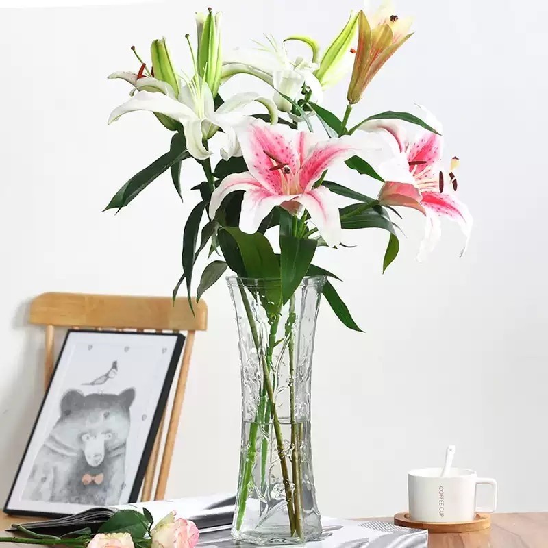 富贵竹花瓶客厅家用玻璃大号透明六角圆形插花瓶摆件装饰桌面氛围