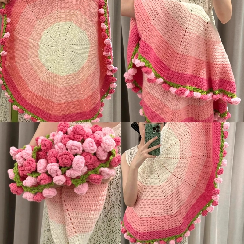 玫瑰花渐变毯花束的毯子钩织手织diy毛线针织手工编织自制材料包