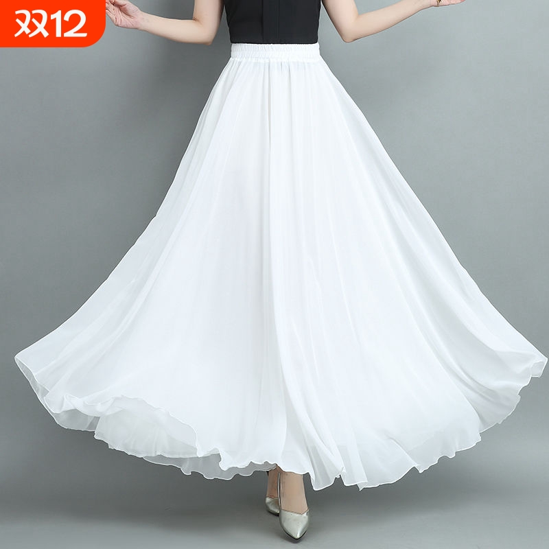 540度休闲沙滩半身裙大摆裙三层雪纺白色舞蹈裙长裙仙气红色裙摆