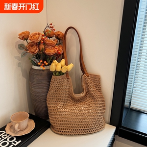 单肩包女沙滩假日编织托特包包女式2024新款夏天大容量单肩包斜挎