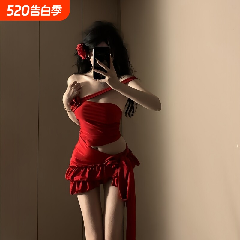 辣妹泳衣酒红色辣妹风一字肩分体泳衣沙滩温泉度假比基尼性感显瘦