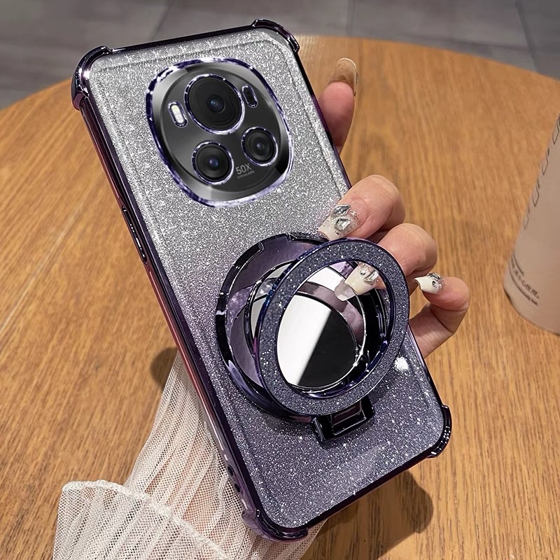 带补妆镜子适用华为荣耀magic6手机壳200Pro闪粉保护套honor80磁吸支架荣誉50se女生新款60透明70四角防摔