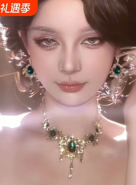 金枝绿叶~重工镶钻水滴项链女复古宫廷风气质宴会锁骨链耳环配饰