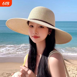 夏天太阳帽子女遮阳草帽大檐沙滩帽海边可折叠防晒帽白色旅行优雅