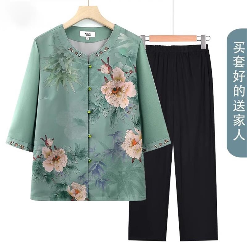 奶奶装夏季新款衬衫国风妈妈冰丝上衣中老年人女老太太夏装两件套