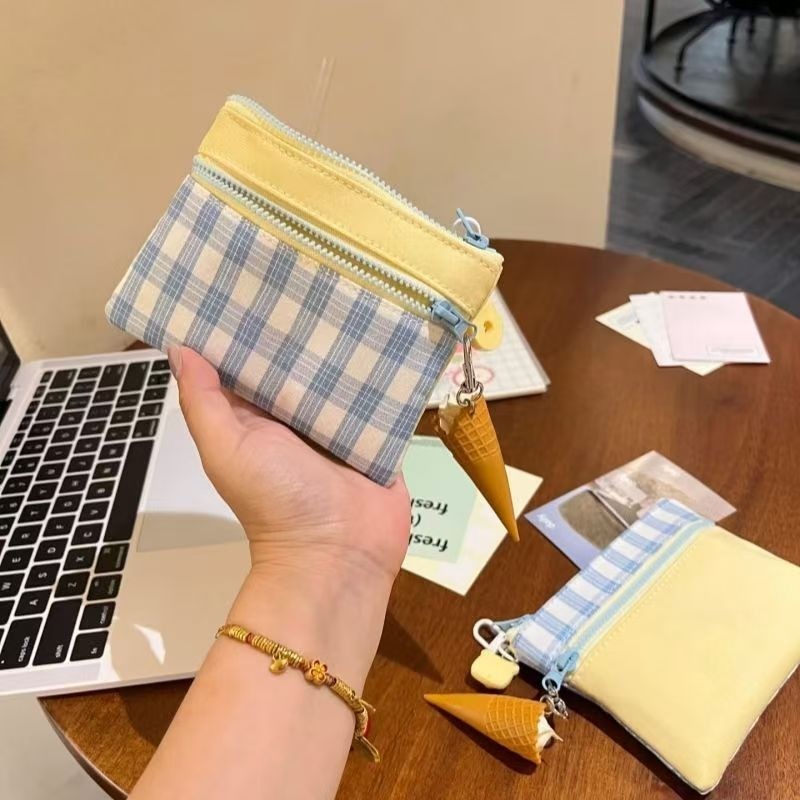 可爱布艺零钱包撞色拼接双层迷你化妆包ccd收纳包卡包证件包袋