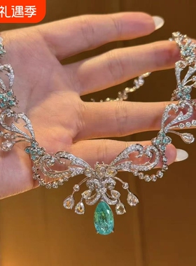复古重工满钻水滴吊坠项链女高级轻奢新娘晚宴锁骨链精致气质名媛