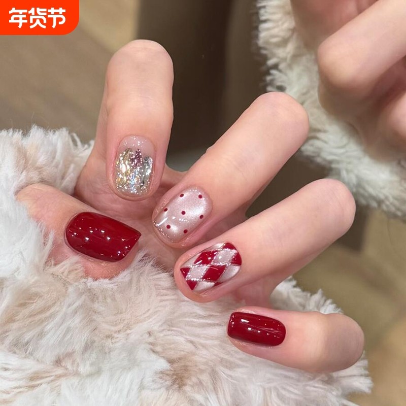 新年款圣诞穿戴甲红色猫眼显白ins感学生美甲中长款蝴蝶结波点,彩妆/香水/美妆工具,穿戴甲/甲片,淘宝优惠券,粉丝福利购,淘宝优惠卷