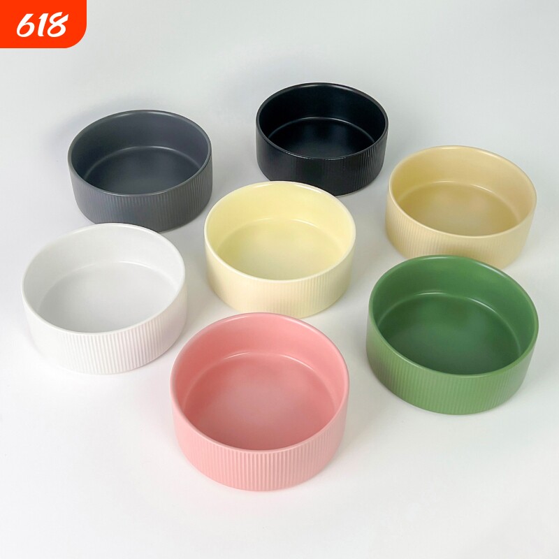 简约风竖纹直口碗带硅胶套家用陶瓷宠物碗防打翻饮水盆猫碗狗碗