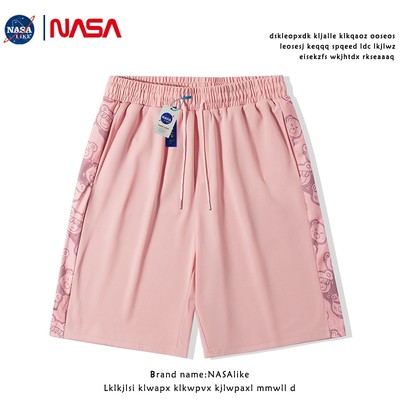 NASA官网联名粉色短裤男夏季薄款宽松休闲小熊五分中裤潮牌沙滩裤
