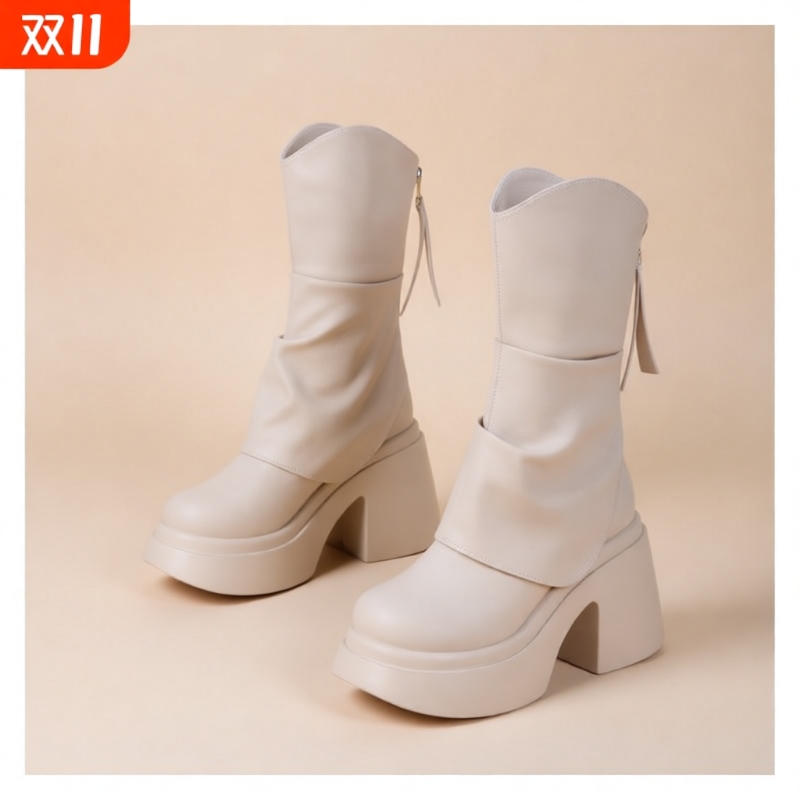 中筒加绒高跟马丁靴女白色