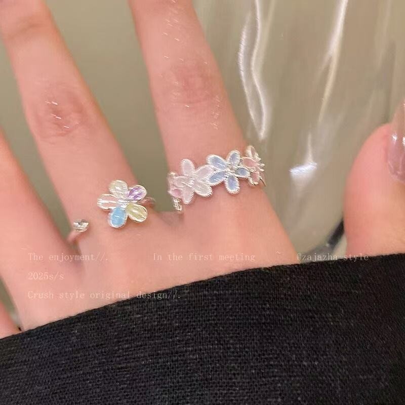 春日小花戒指女锆石滴油彩色花朵开口戒指韩版小清新时尚简约指环