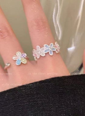 春日小花戒指女锆石滴油彩色花朵开口戒指韩版小清新时尚简约指环