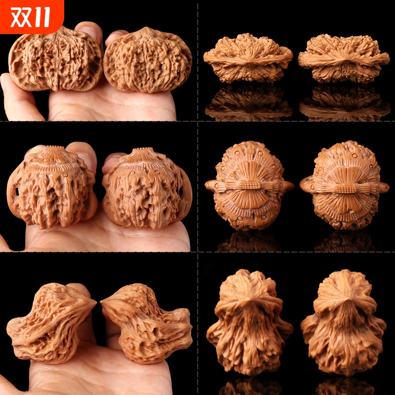 京八棱文玩野生指尖核桃把玩麒麟纹官帽矮桩异形小手捻鹰嘴手把件