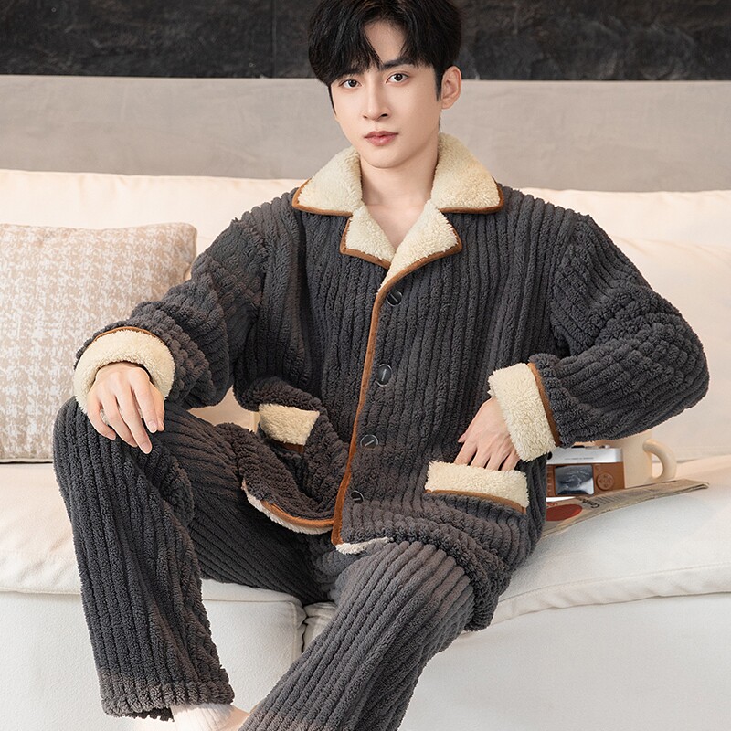 秋冬新款男士珊瑚绒睡衣加绒加厚保暖大码中年家居服套装可外穿