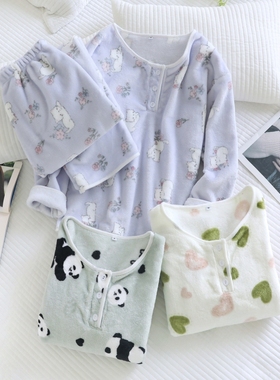 红豆珊瑚绒睡衣女冬季加绒加厚保暖2025新款冬天套头大码法兰绒家