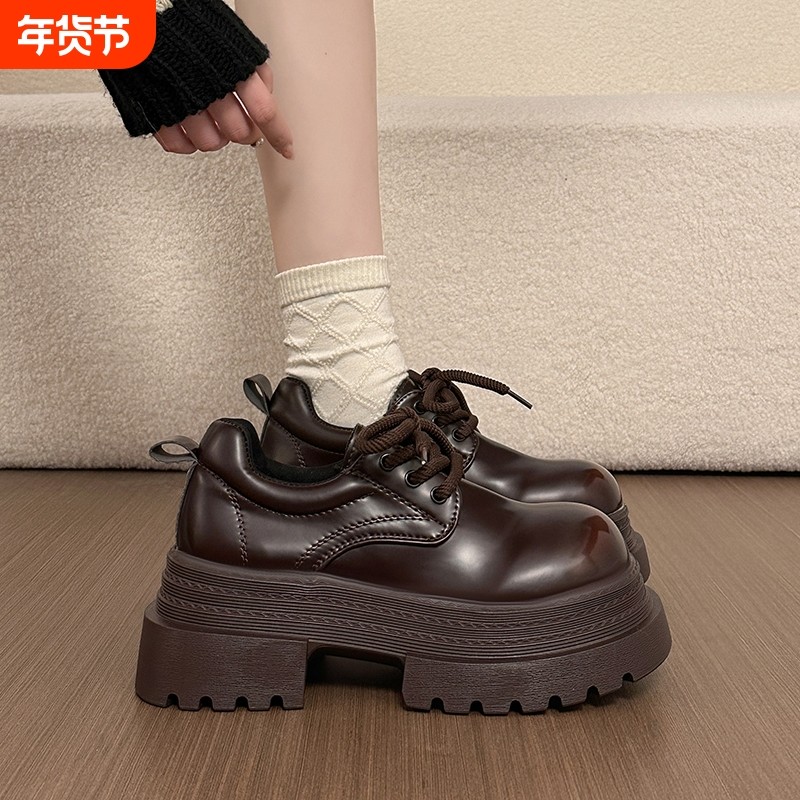 欧货厚底增高小皮鞋女2026春季新款时尚英伦风小个子系带乐福单鞋,女鞋,乐福鞋（豆豆鞋）,淘宝优惠券,粉丝福利购,淘宝优惠卷