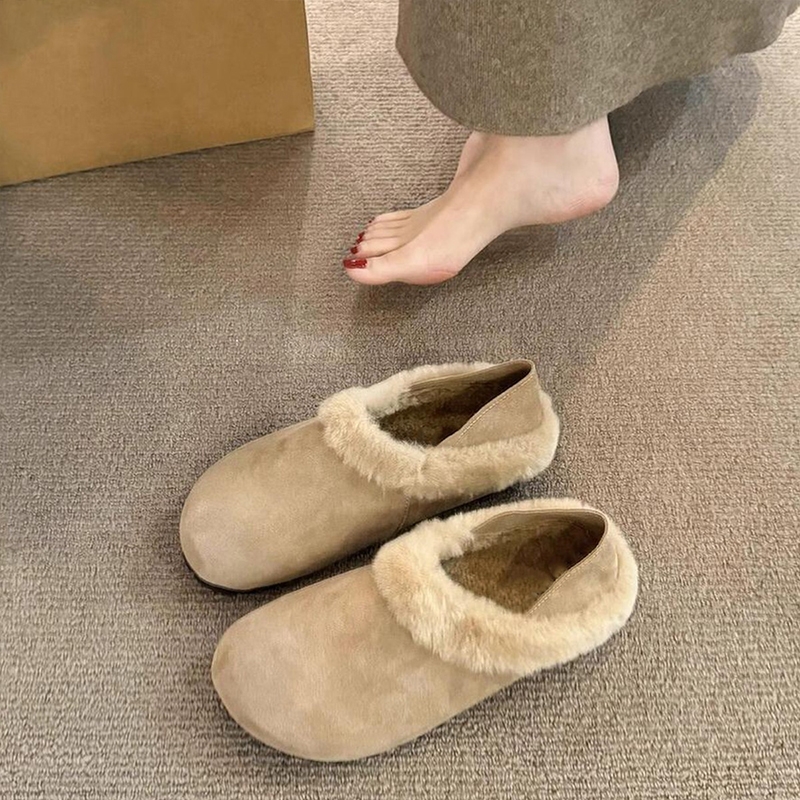 羊皮版~加绒真皮勃肯鞋女踩跟两穿一脚蹬棉鞋保暖平底鞋灰色羊毛