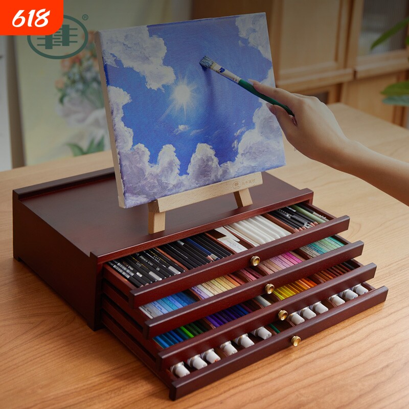 丰丰复古胡桃色美术生抽屉画箱画盒画具收纳架画架彩铅收纳抽屉马克笔收纳箱三四层桌面储物多功能绘画画笔盒
