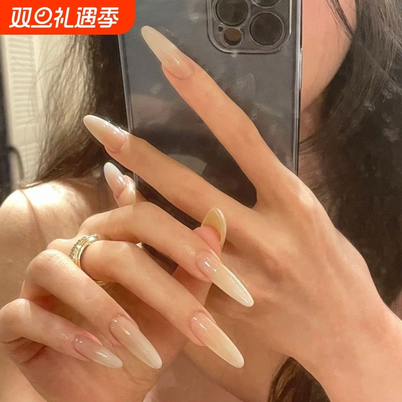 手工甘露寺穿戴甲指甲裸色显白高级感中长款美甲片法式椭圆蝴蝶结