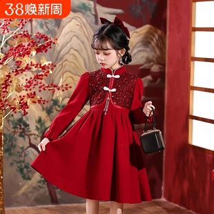 女童冬装裙子过年服2026新款儿童洋气红色连衣裙女孩新年战袍喜庆