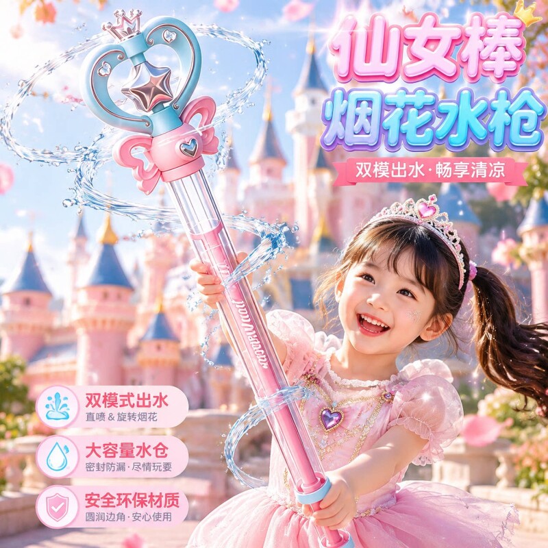2026新款儿童玩具仙女魔法棒烟花水枪夏季抽拉式戏水喷水漂流神器图片