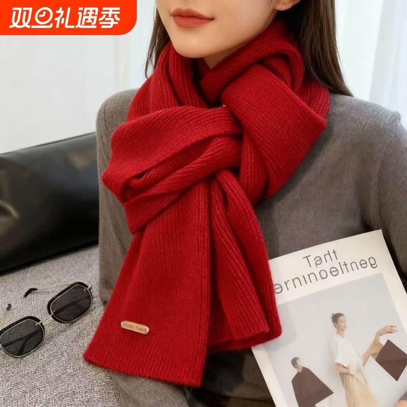 围巾女冬季2025毛线针织小围巾潮加厚保暖灰色宝蓝色卡其色米色