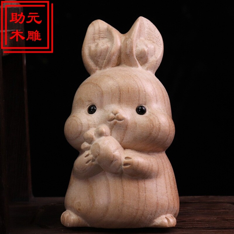 新款可爱兔子卡通生肖兔木质工艺品手把件桃木雕刻景区直播货源