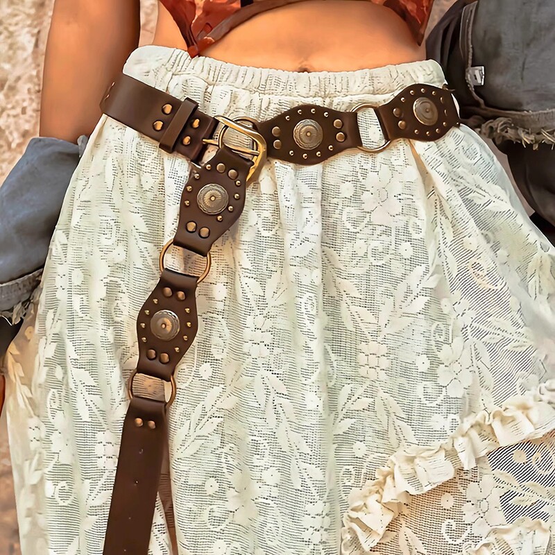 美拉德腰带波西米亚复古美式铆钉棕色皮带腰链配饰裙子民族风腰封