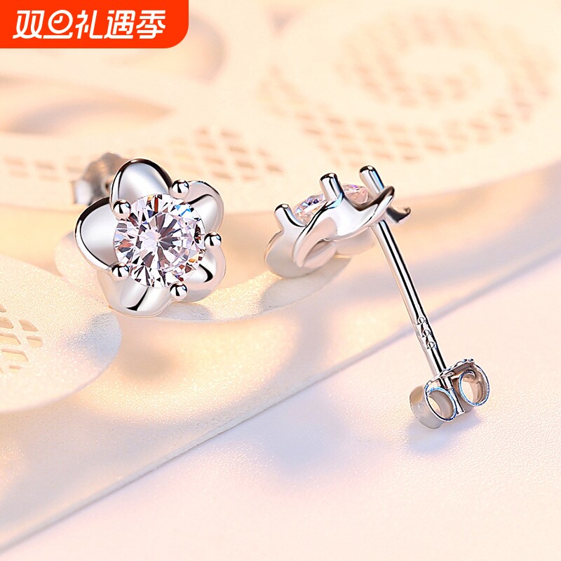 S925纯银耳钉樱花瑞士钻女款韩版小清新镶钻时尚银饰品一件代发