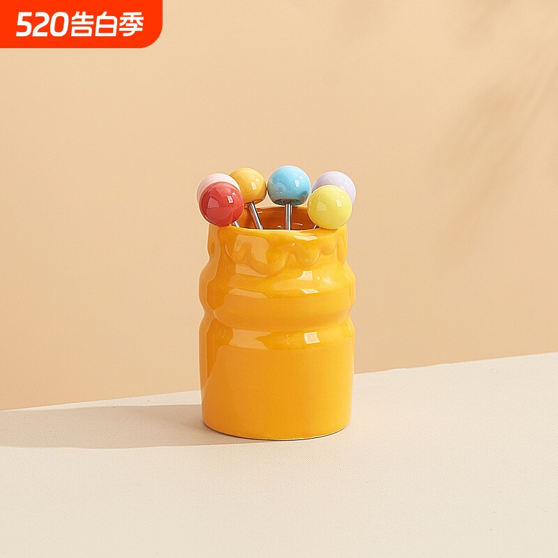 北欧ins风陶瓷果叉罐套装家用甜品小叉子高颜值客厅茶几装饰好物