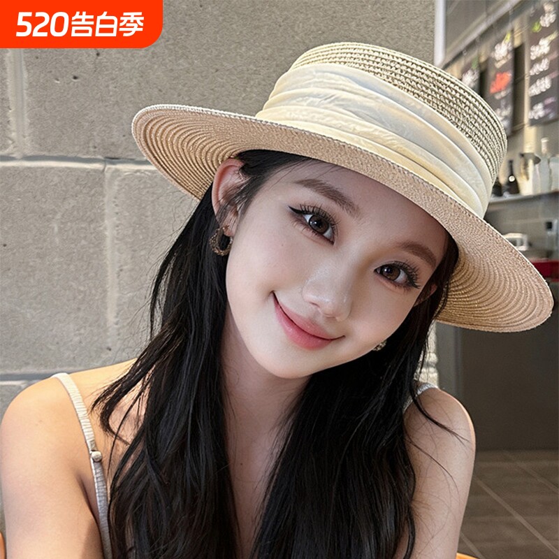 2026法式平顶草帽女春夏海边度假风防晒礼帽遮阳草编帽子可折叠