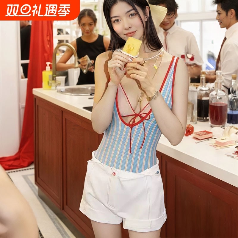 2025新款夏季泰国小众蝴蝶结条纹连体泳衣女高级感蓝色条纹比基尼