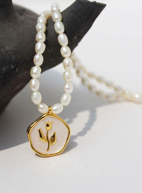 高保色真空电镀白色珠光珐琅郁金香锁骨链淡水珍珠玫瑰花项链462