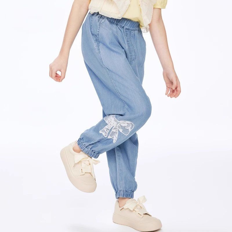 儿童装宽松时尚束脚裤中大童天丝防蚊裤女童夏季甜美蝴蝶结牛仔裤